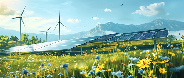 Renewable Energy in Bloom wildflowers basks in the foreground of this image leading to an array of s