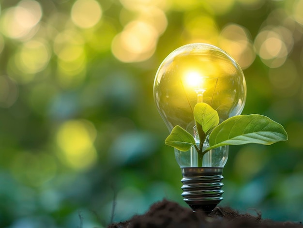 Renewable energy eco friendly concept photo with light bulb and green plant inside