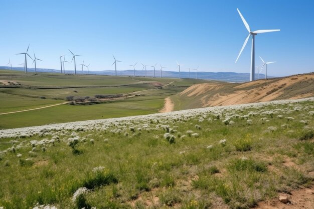 Photo renewable energy farm solar panels and wind turbines in natural landscape generating green power