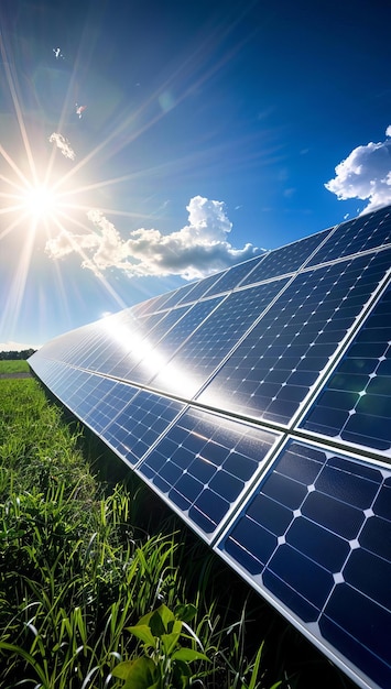 Renewable Energy Focus on solar panels on a large field with the sun shining brightly in the background empty space center for text