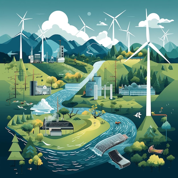 Photo renewable energy illustrations of wind turbines solar