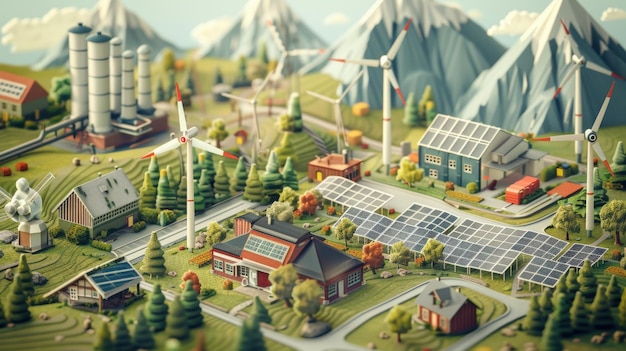 Renewable Energy Infographic Solar Panels and Wind Turbines in a Sustainable Mountain Village