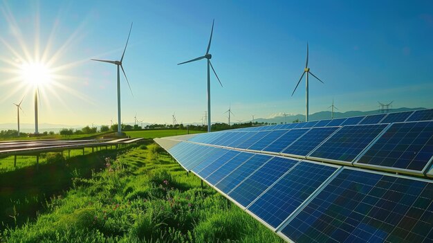 Renewable Energy Landscape Solar Panels and Wind Turbines in Sunny Green Fields