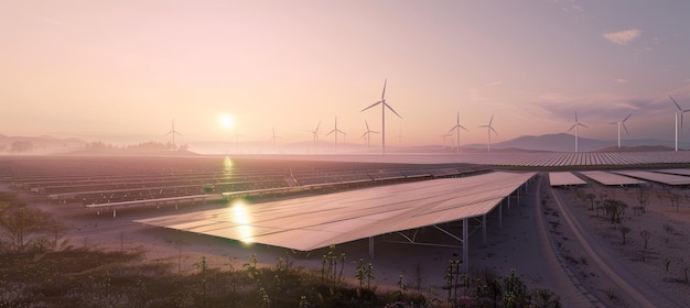 Renewable Energy Landscape Solar Panels and Wind Turbines at Sunset in Rural Setting