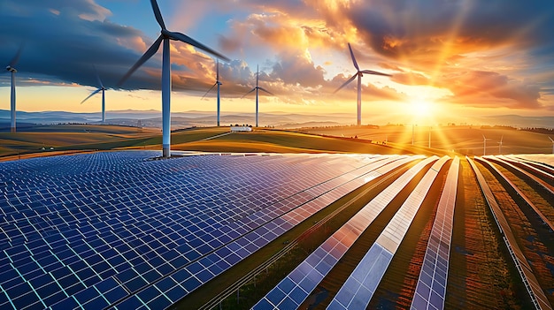 Photo renewable energy landscape with wind turbines and solar panels at sunset