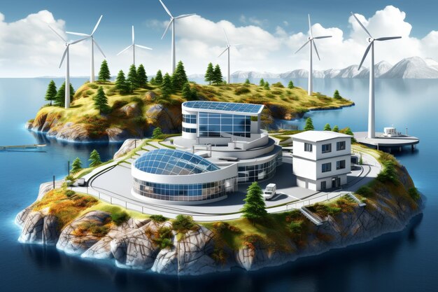 Photo renewable energy sources in action solar panels wind turbines hydroelectric power