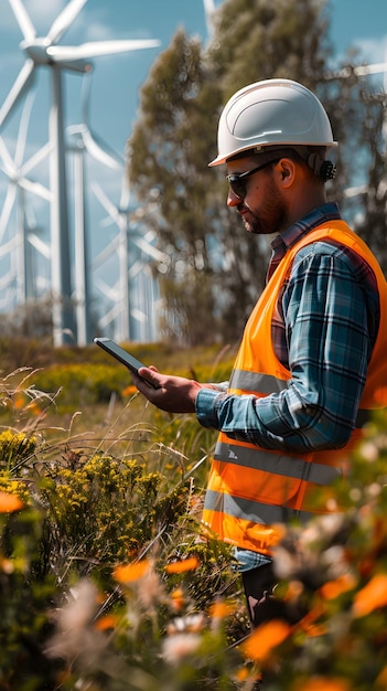 Photo renewable energy specialist monitoring wind farm with tablet in open field mid shot of specialist