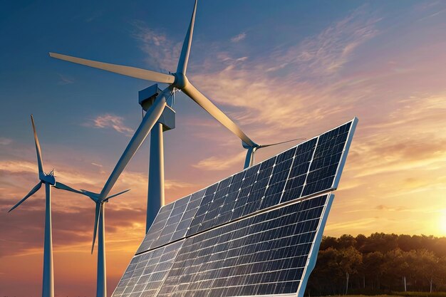 Renewable energy at sunset Windmill wind turbine and solar panel against blue sky