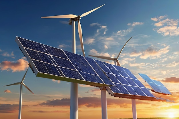 Renewable energy at sunset Windmill wind turbine and solar panel against blue sky