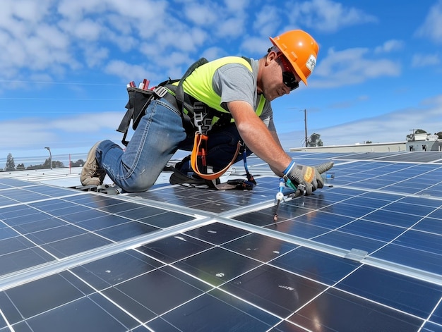 Renewable energy technician solar panel installation safety harness visible rooftop view blue sky with clouds ar 43 Job ID 028ca09ca50743c6bef12fa787326c13