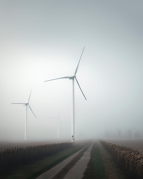 Renewable Energy Wind Farm in a Foggy Field AI generated