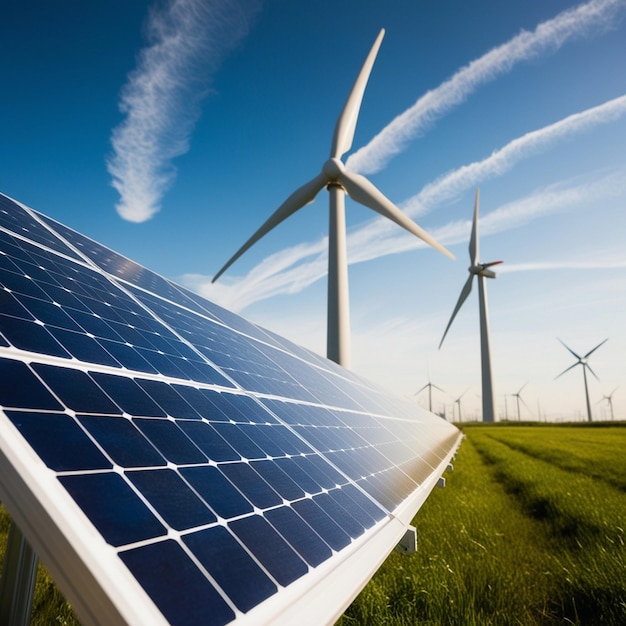 Photo renewable power solar panels and wind turbines under a clear sky