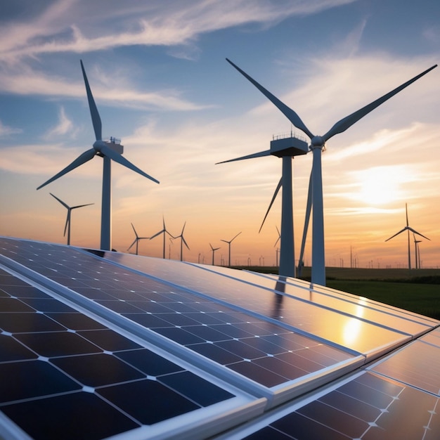 Photo renewable power solar panels and wind turbines under a clear sky