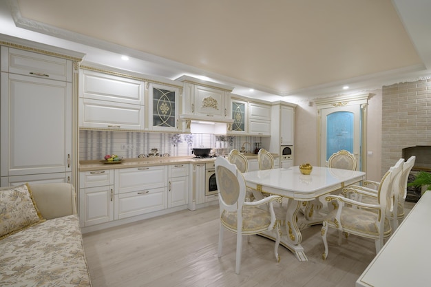 Renovated Interior of rich classic white kitchen