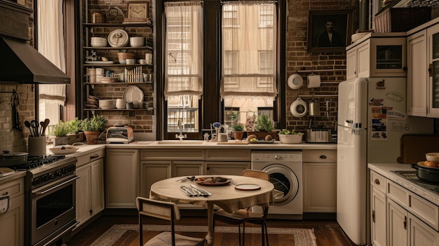 Renovated kitchen with exposed brick walls and farmhouse decor Includes stainless steel range hood white refrigerator tablechairs and washerdryer