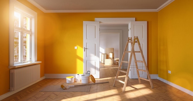 Renovation and modernization in a room with red wall and ladder and paint bucket