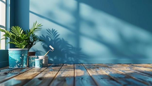 Renovation Supplies Against a Blue Wall with Sunlight