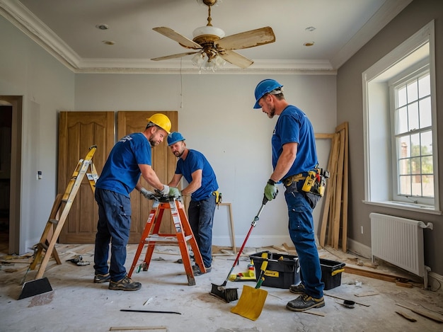 Renovation workers repair home interior team