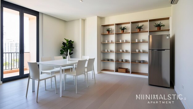 Photo rent of modern housing sale of new apartment modern renovation white furniture with utensils shelves with crockery and plants in pots refrigerator in simple minimal dining room empty space