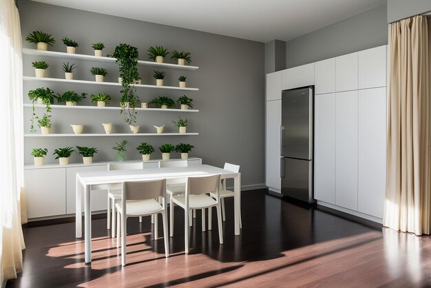 Photo rent of modern housing sale of new apartment modern renovation white furniture with utensils shelves with crockery and plants in pots refrigerator in simple minimal dining room empty space