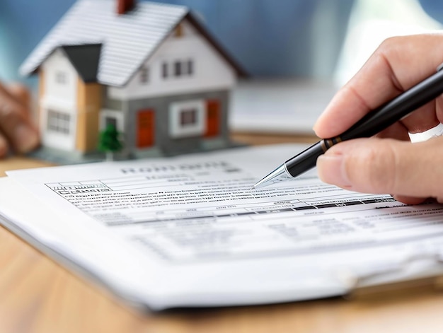 Rental contract being reviewed and signed by landlord and customer closeup on contract details