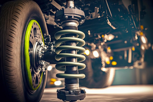 Repair of car shock absorber in garage of car service by masters