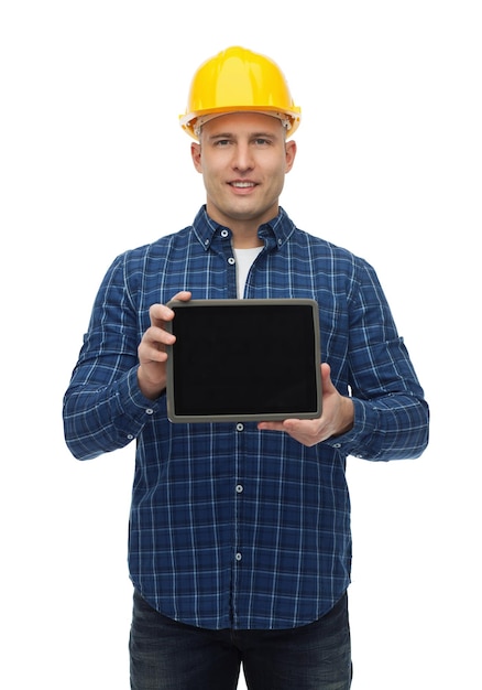 repair, construction, building, people and maintenance concept - smiling male builder or manual worker in helmet showing tablet pc computer blank screen