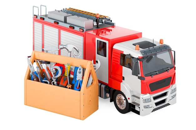 Repair and service of fire truck 3D rendering