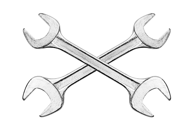 Repair service sign two crossed steel wrenches isolated on a white background in closeup PNG file with transparent background