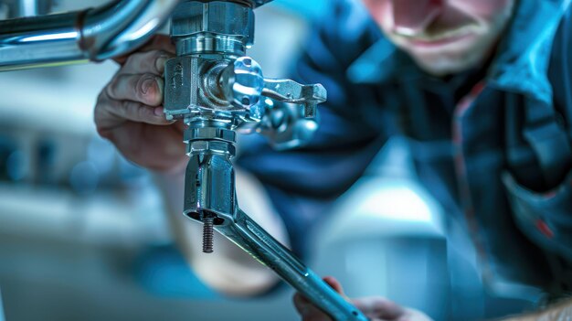 Photo a repair technician utilizes a wrench to address a plumbing issue