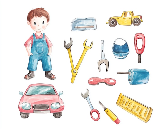 Photo repair tools kit set cute watercolor illustration of a little mechanic with car and tools