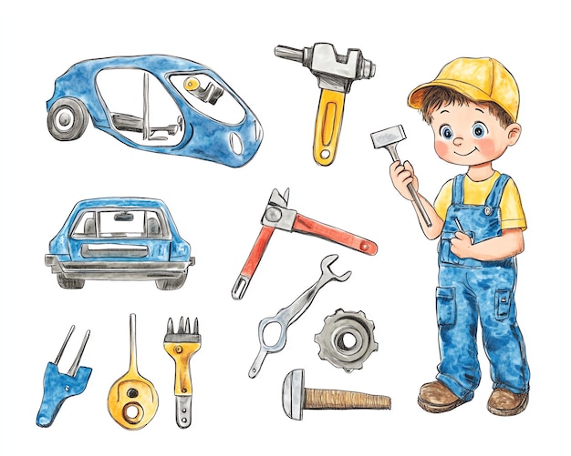 Repair Tools Kit Set Little Mechanic Cartoon Illustration