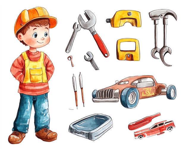 Repair Tools Kit Set Watercolor Illustration of a Boy Mechanic with Tools and Cars