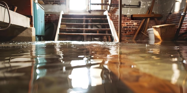 Photo repairing a flooded basement from snowmelt or pipe burst to address water damage concept water damage restoration flooded basement cleanup emergency water extractions mold remediation