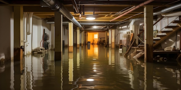 Repairing a Flooded Basement from Water Damage Caused by Snowmelt or Pipe Burst Concept Water damage Flooded basement Snowmelt Pipe burst Repairing