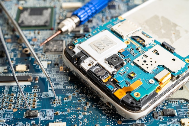 Repairing and upgrade mobile phone electronic computer hardware and technology concept