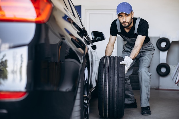 Repairman at car service changing tires