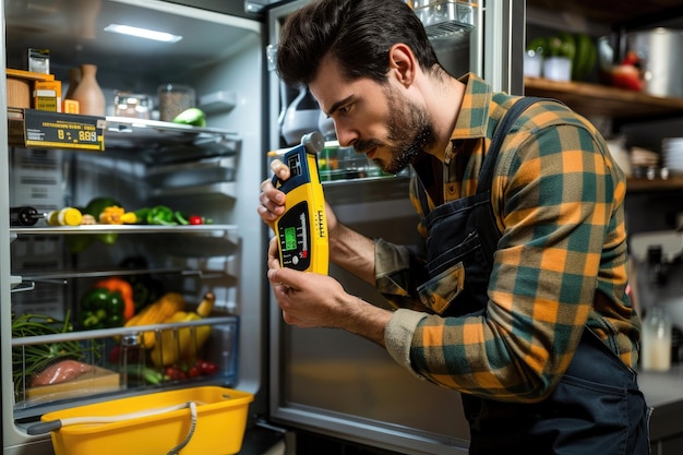 Photo repairman checking fridge with digital multimeter