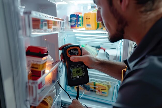 Photo repairman checking fridge with digital multimeter