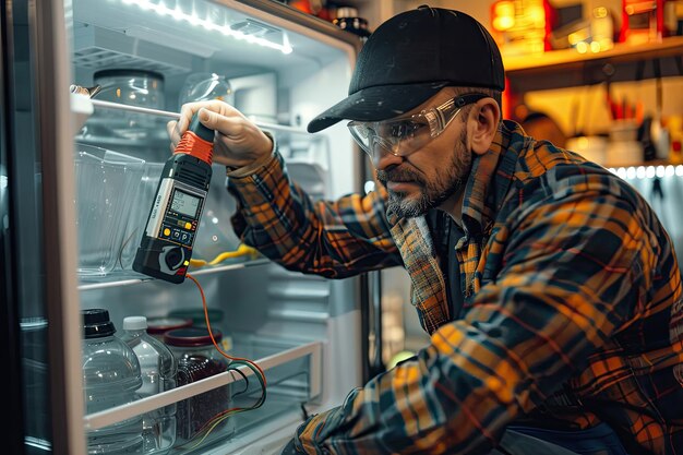 Photo repairman checking fridge with digital multimeter