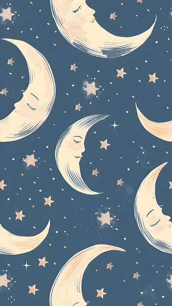 Repeating Design of Dreamy Moon and Stars in Calming Pastel Colors