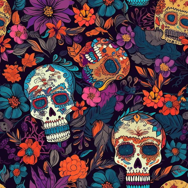 Repeating Dia de los Muertos pattern with skulls multicolored flowers and traditional elements