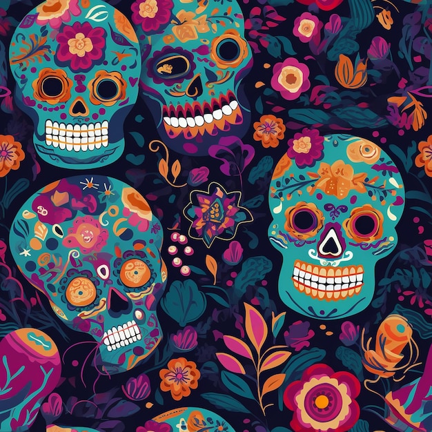 Repeating Dia de los Muertos pattern with skulls multicolored flowers and traditional elements