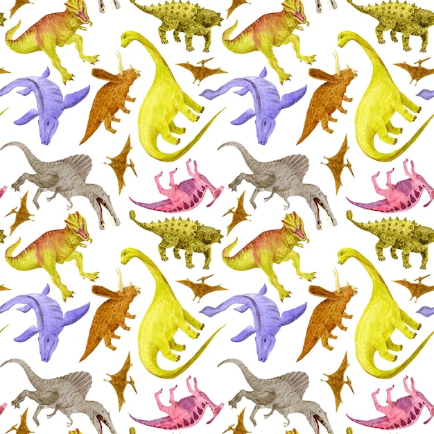 Repeating dinosaurs print on white. Watercolor illustration. For background, cover, textile