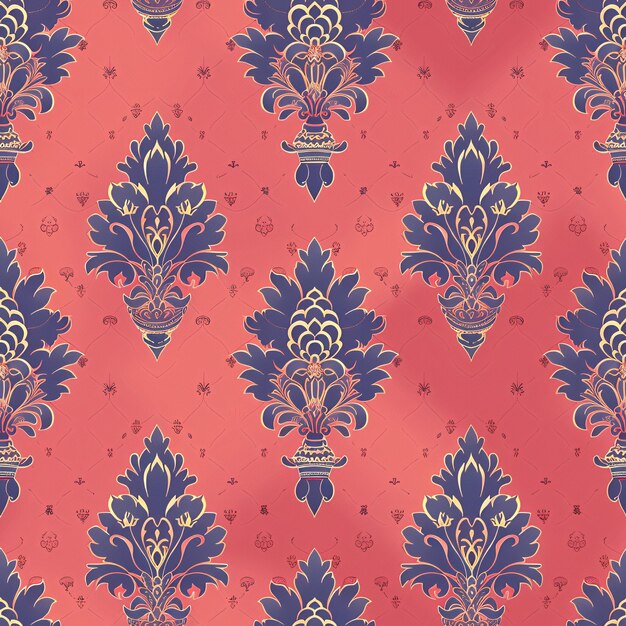 Repeating floral pattern in blue and gold on a red background