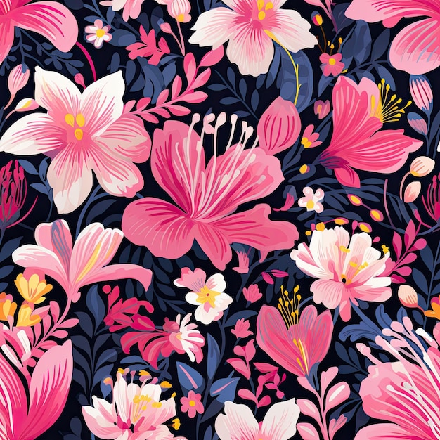 Repeating pattern of pink heart lily flowers bloom and leaves with pink petals as background