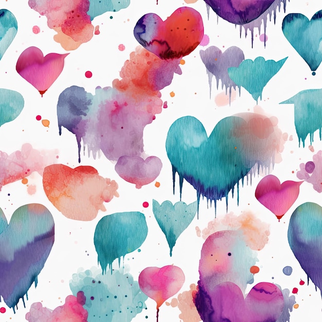 repeating pattern random love heart art dripping watercolor