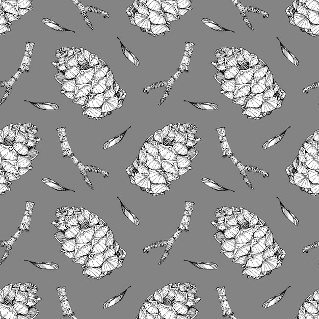 Repeating print with cone, twig and seeds on gray. Ink hand-drawn graphics.