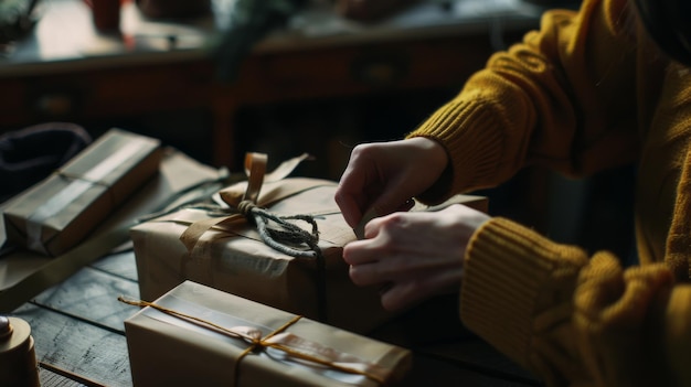 Photo the repetitive motion of tying a bow around a gift under golden light highlighting a warm and nostalgic tradition of gift wrapping