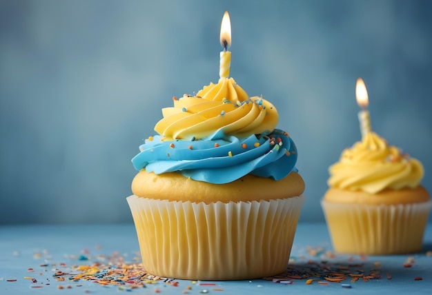 Repetitive yellow birthday cupcake on blue background